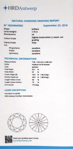 Natural diamond - 1.73 carat J/ECG (Pure)