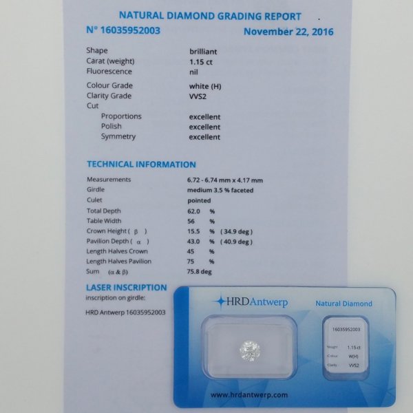 Natural diamond - 1.15 carat H/VVS2