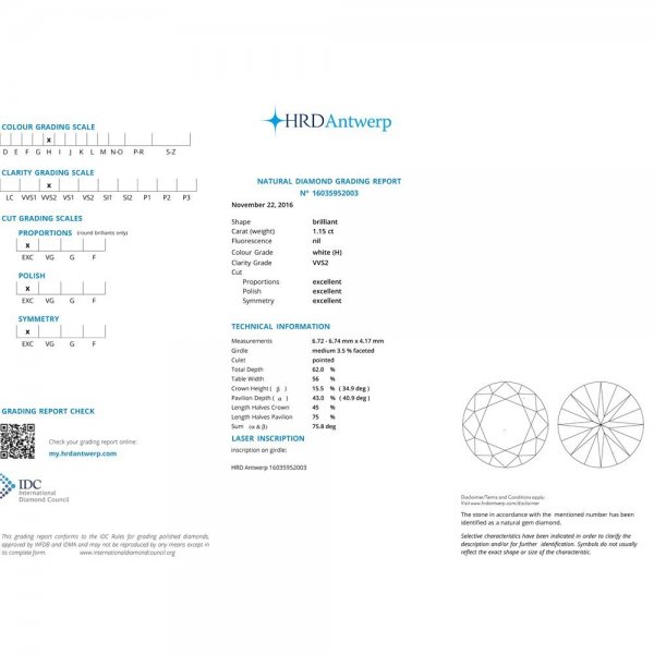 Natural diamond - 1.15 carat H/VVS2